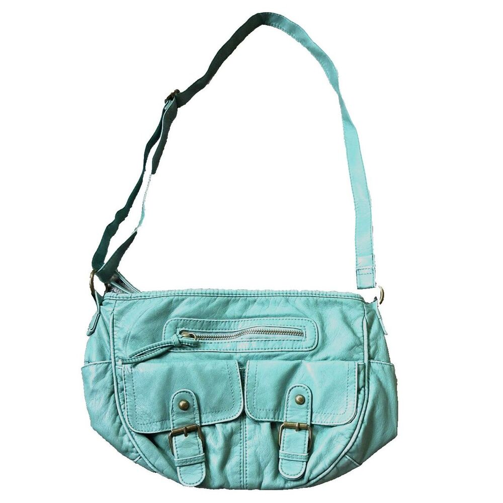 Mossimo Mint Green Crossbody Bag Multi Pocket Adjustable Strap Bronze Boho Indie